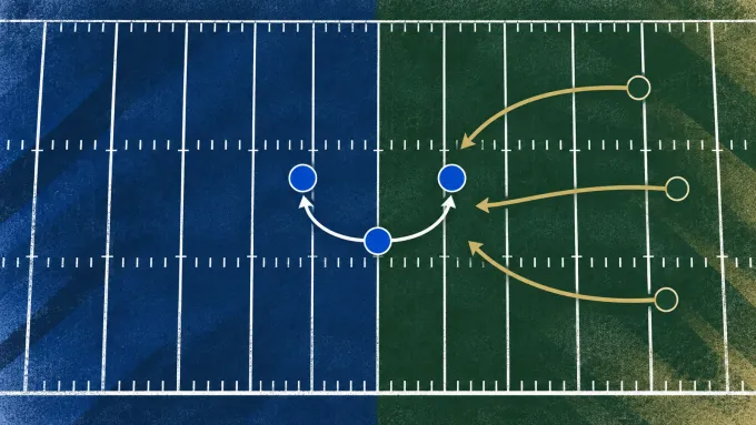 Original overhead football illustration with three blue defensive markers facing green and gold motion paths.