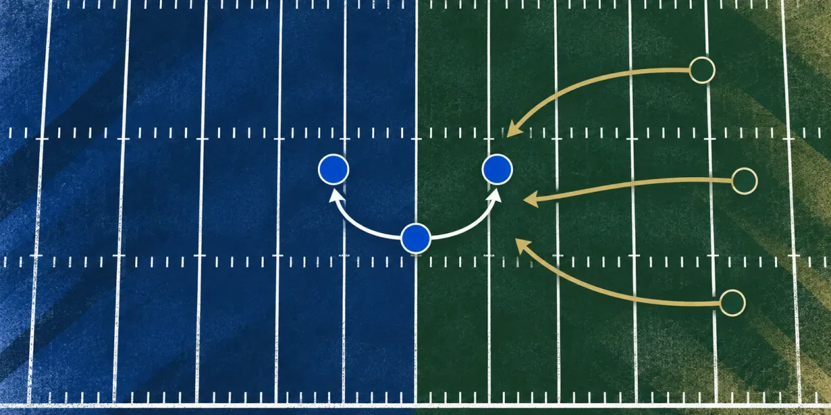 Original overhead football illustration with three blue defensive markers facing green and gold motion paths.
