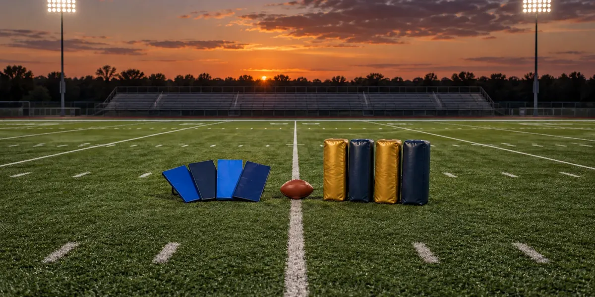 Original football art with four blue running-back assignment tiles meeting four gold and navy defensive pads on an empty field.