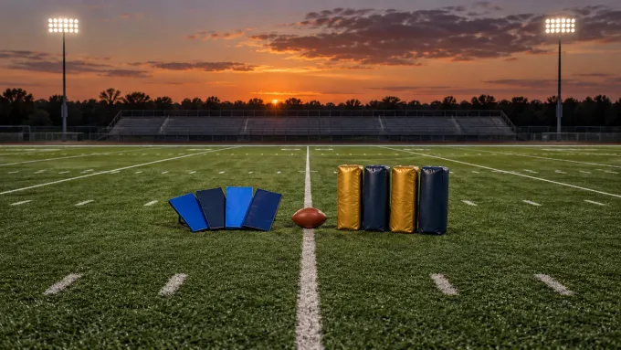 Original football art with four blue running-back assignment tiles meeting four gold and navy defensive pads on an empty field.