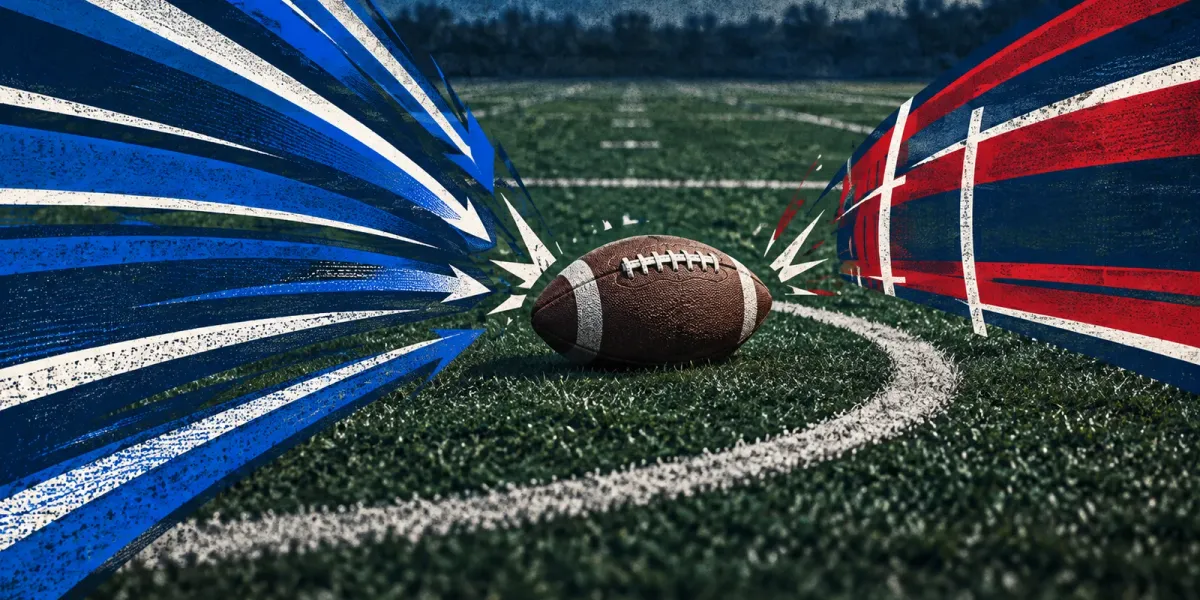 Original screenprint-style football illustration with royal-blue pressure lines collapsing a cardinal-red pocket.