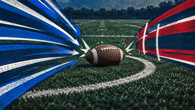 Original screenprint-style football illustration with royal-blue pressure lines collapsing a cardinal-red pocket.