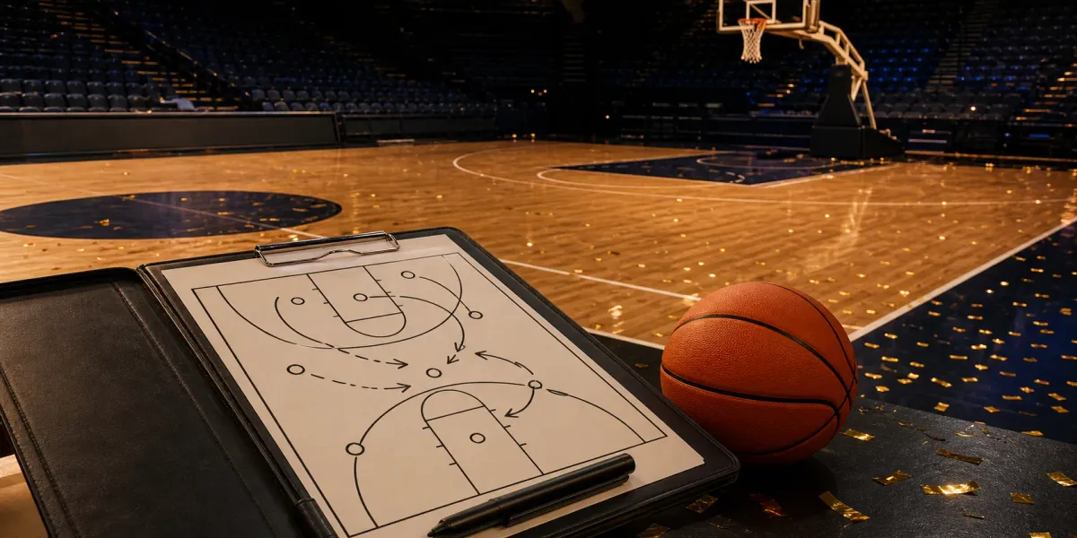 Original empty basketball arena illustration with a tactical clipboard, ball and championship confetti.