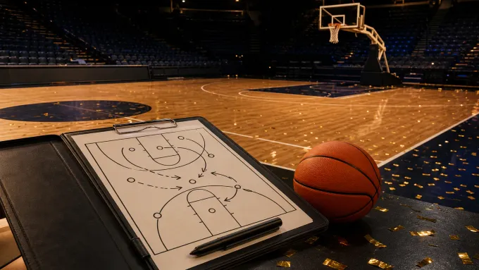 Original empty basketball arena illustration with a tactical clipboard, ball and championship confetti.