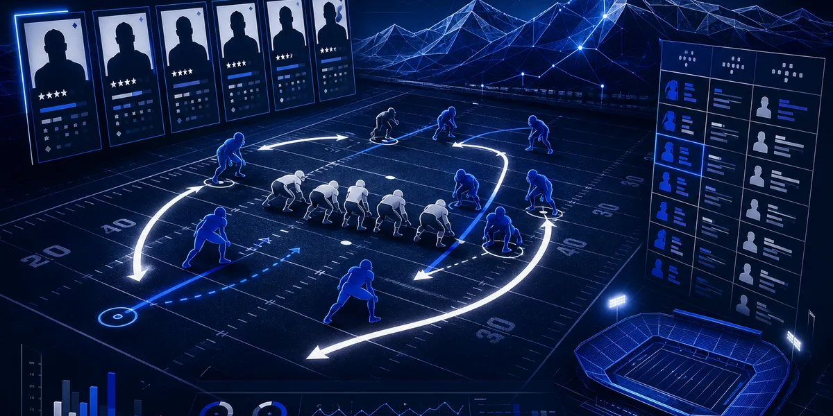 Abstract navy football recruiting board showing edge-rusher lane arrows, depth-chart cards and mountain geometry, created for BYU Sport Nuts.