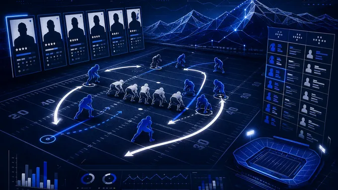 Abstract navy football recruiting board showing edge-rusher lane arrows, depth-chart cards and mountain geometry, created for BYU Sport Nuts.