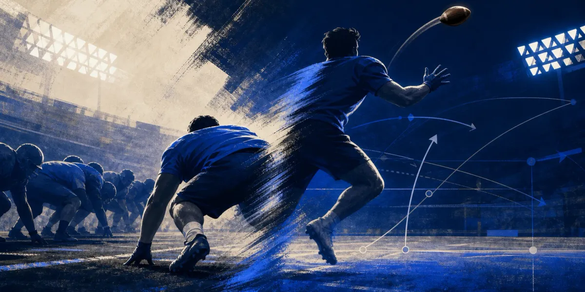 Original abstract illustration of an anonymous tight end releasing from the line into a pass route under stadium lights.