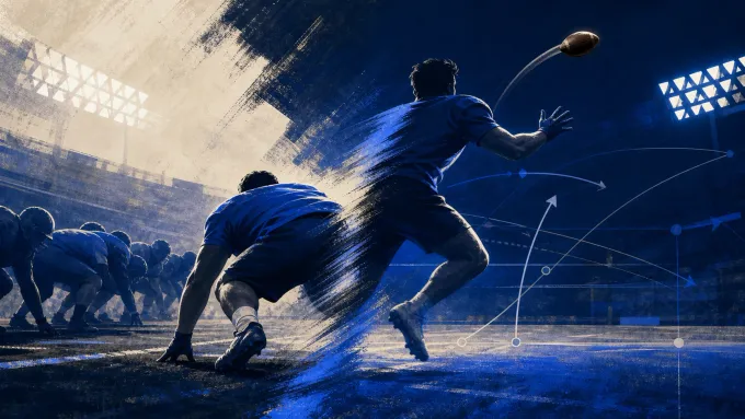 Original abstract illustration of an anonymous tight end releasing from the line into a pass route under stadium lights.